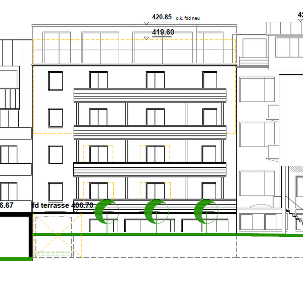 Schanz 13 Eine technische Zeichnung eines Gebäudes zeigt die Fassadengestaltung mit mehreren Etagen und Balkonen. Die Struktur hat klare Linien und Fenster sowie eine Terrasse. In der unteren Ecke sind einige Grünelemente angedeutet. Die Höhenmaße sind an den oberen Rändern vermerkt.
