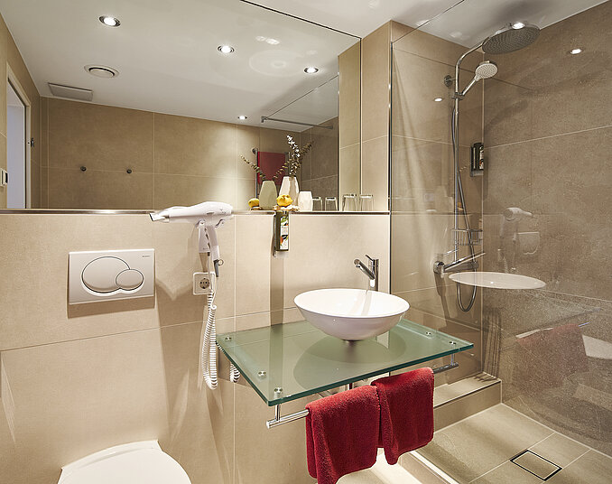 Modernes Bad mit Glaswaschtisch und Regendusche – stilvolle Hotelzimmer am Bodensee erleben.