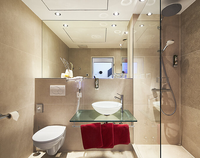 Modernes Bad mit Glaswaschtisch und Regendusche – stilvolle Ausstattung der Hotelzimmer am Bodensee.