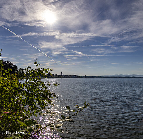 Bodensee mit Sonnenstrahlen – Naturblick bei Friedrichshafen Sonniger Blick über den Bodensee mit grünen Blättern im Vordergrund.