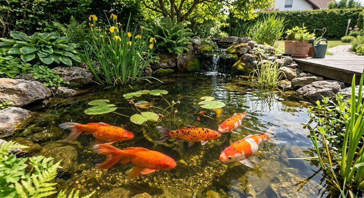 Ein kleiner Teich in einem Garten mit mehreren bunten Koi-Karpfen, die im klaren Wasser schwimmen. Rund um den Teich wachsen Gräser und Wasserpflanzen, während einige Steine und eine kleine Wasserfallstruktur das Bild bereichern.