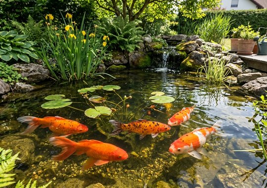 Ein kleiner Teich in einem Garten mit mehreren bunten Koi-Karpfen, die im klaren Wasser schwimmen. Rund um den Teich wachsen Gräser und Wasserpflanzen, während einige Steine und eine kleine Wasserfallstruktur das Bild bereichern.
